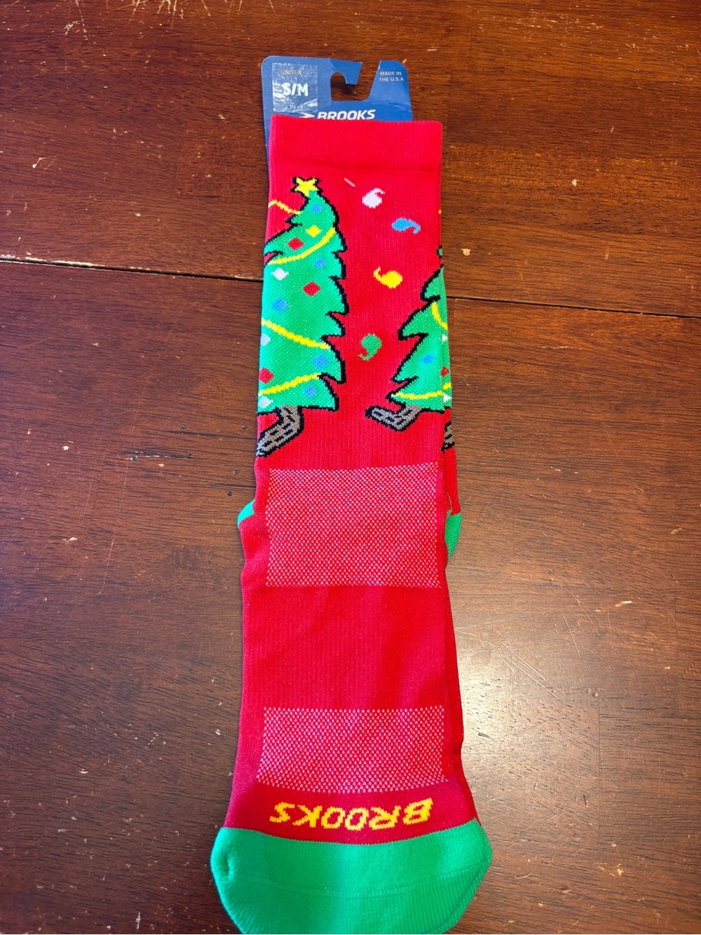 Brooks Red Crew Socks with Green and Yellow Holiday Tree Motif
